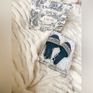 DIOR DWAY SLIDE deep blue embroidered cotton